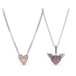 925 Silver Pave Angel Wings Heart Necklace Women DIY Jewelry