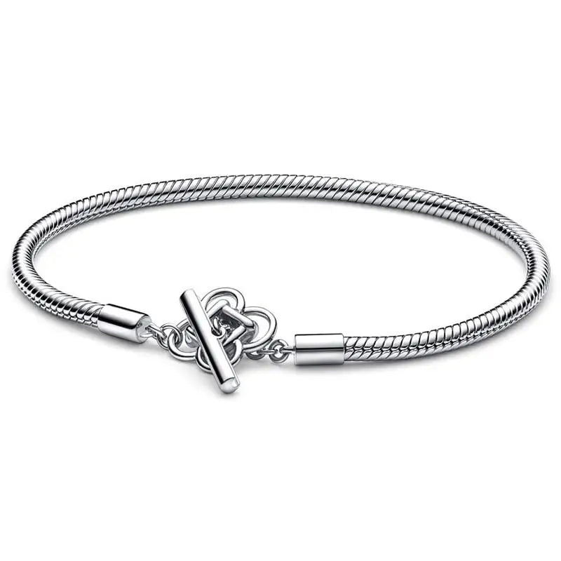 925 Silver Peace Knot T-bar Snake Chain Firecracker Pave Bars Bracelet Women