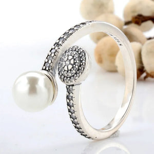 925 Silver Pearl Radiant Glow Crystal Ring Women Wedding Party Europe Jewelry