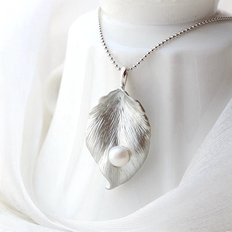 925 Silver Leaf Pendant with Freshwater Pearl, Women's Jewelry Gift