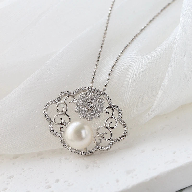 925 Silver Pendant with Freshwater Pearl Inlay, Retro Charm