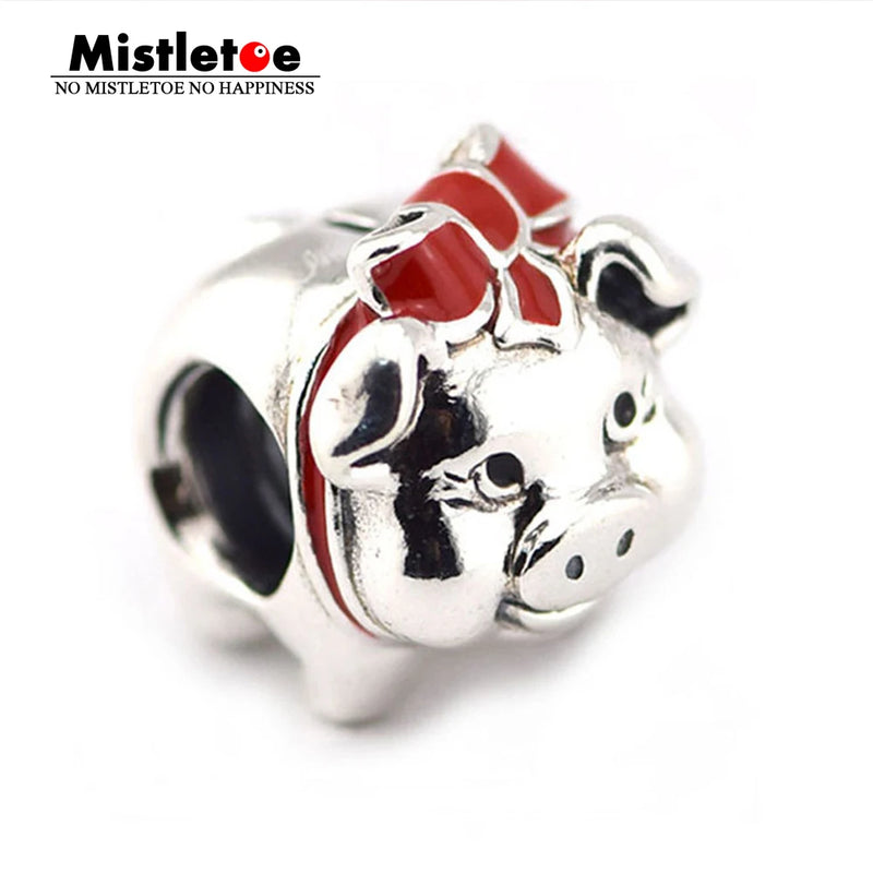 925 Silver Piggy Bank Red Enamel Charm Bead for Bracelet