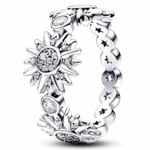 925 Silver Ring Sparkling Sun Crystal Women Jewelry Birthday Gift