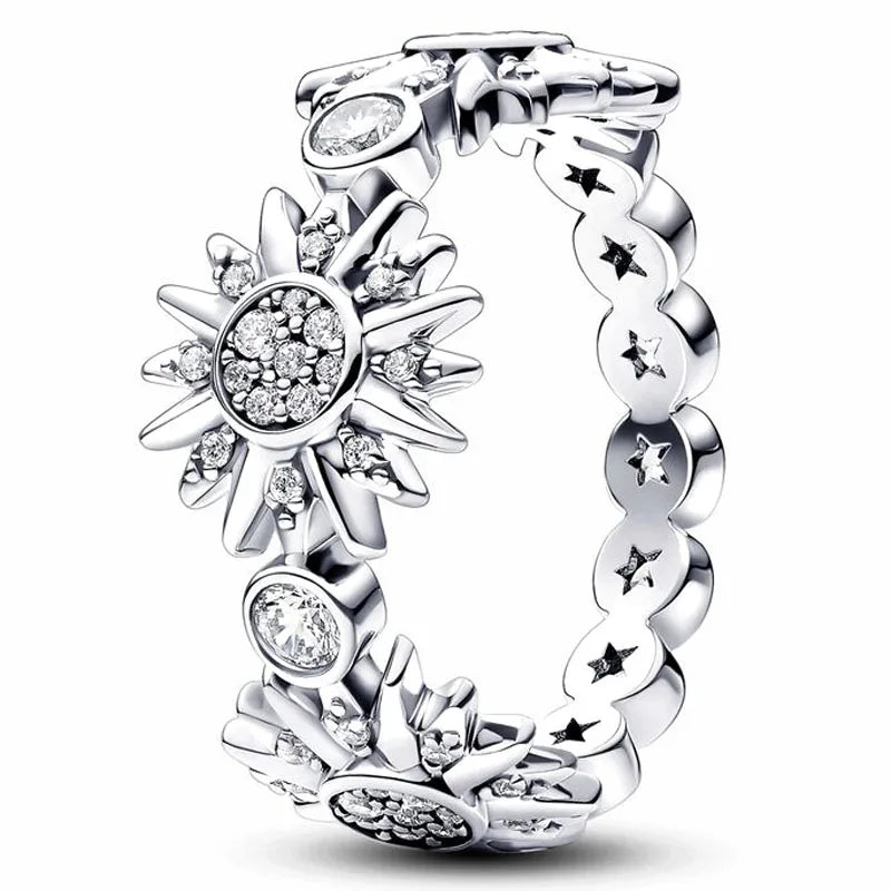925 Silver Ring Sparkling Sun Crystal Women Jewelry Birthday Gift