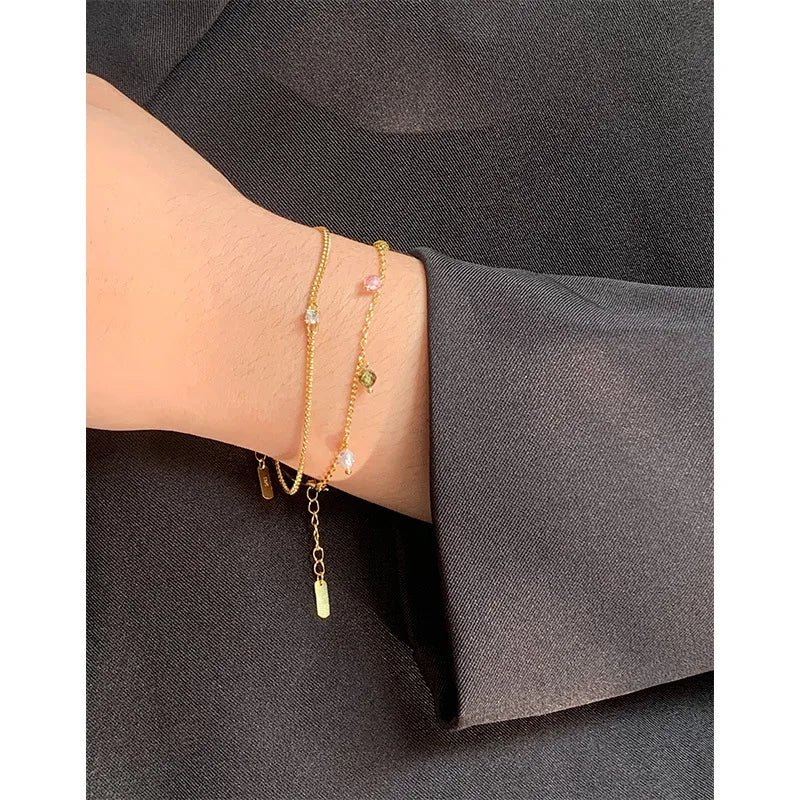 925 Silver Rainbow Stone Chain Bracelet Wrist Charm