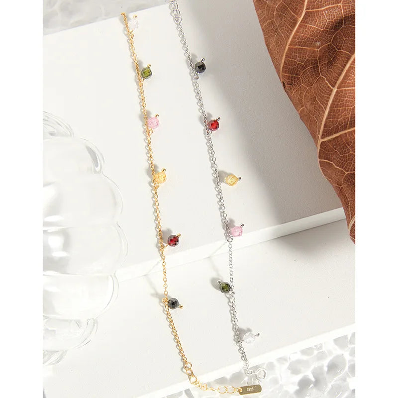 925 Silver Rainbow Stone Chain Bracelet Wrist Charm