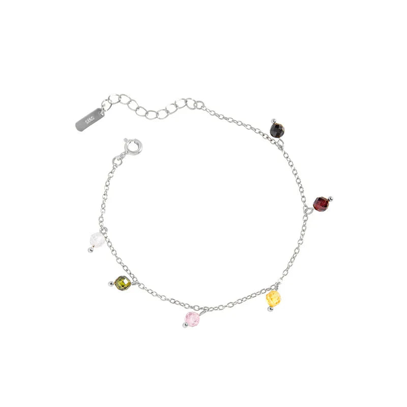 925 Silver Rainbow Stone Chain Bracelet Wrist Charm