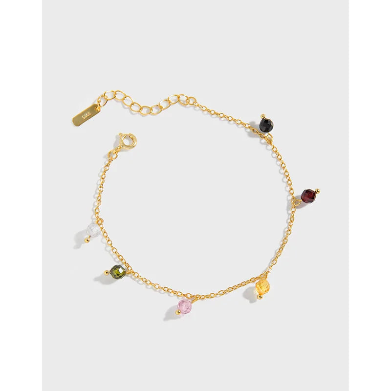 925 Silver Rainbow Stone Chain Bracelet Wrist Charm