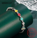 925 Sterling Silver Rainbow Smiling Face Bracelet Bead Chain Bracelet