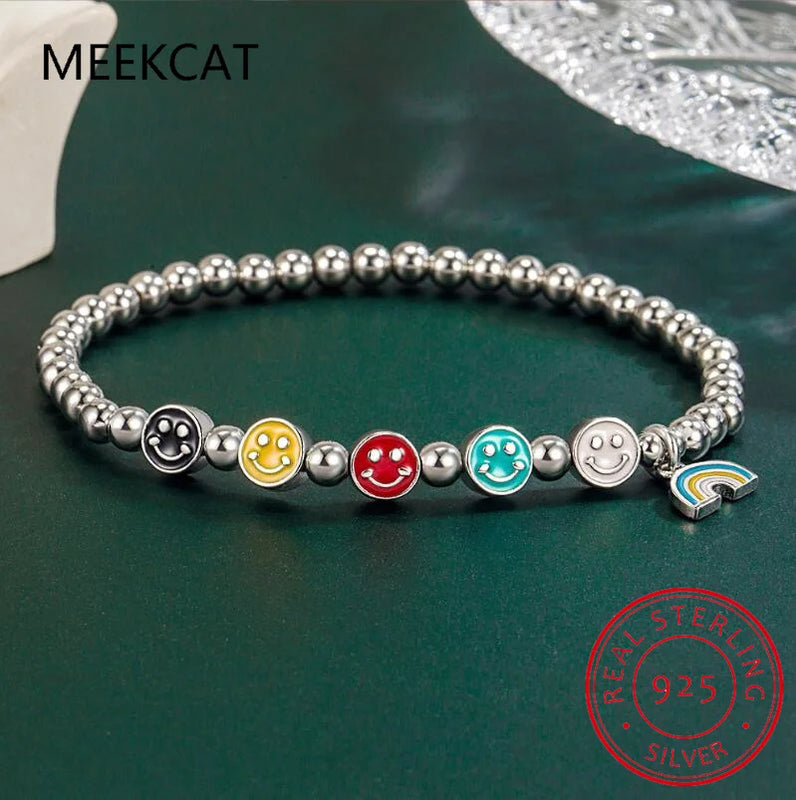 925 Sterling Silver Rainbow Smiling Face Bracelet Bead Chain Bracelet