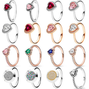 925 Silver Ring Elevated Love Heart Glamour Crystal Women Gift DIY Jewelry