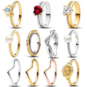 925 Silver Wave Double Band Red Heart Pearl Ring For Women