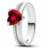 925 Silver Wave Double Band Red Heart Pearl Ring For Women