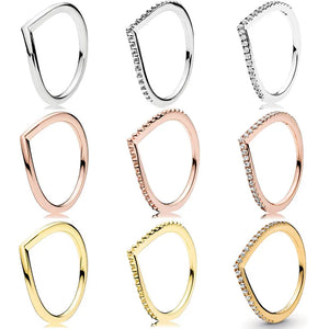 925 Silver Wish Bone Ring Set with Crystal - Rose Gold Shine for Women