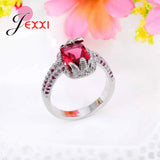 925 Silver Red Cubic Zircon Crystal Flower Ring Women Bridal Wedding Jewelry