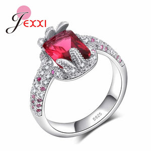925 Silver Red Cubic Zircon Crystal Flower Ring Women Bridal Wedding Jewelry