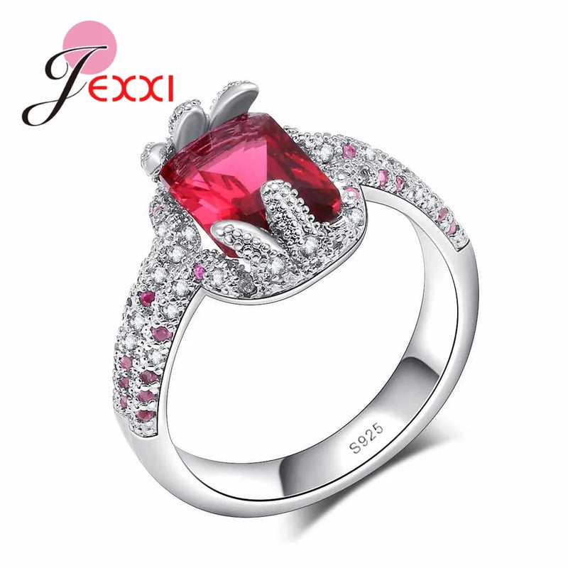 925 Silver Red Cubic Zircon Crystal Flower Ring Women Bridal Wedding Jewelry