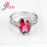 925 Silver Red Cubic Zircon Crystal Flower Ring Women Bridal Wedding Jewelry