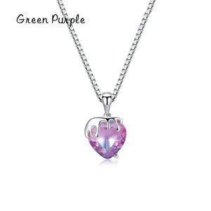 925 Silver Love Necklace Pink Purple Tourmaline Heart Crystal Charm