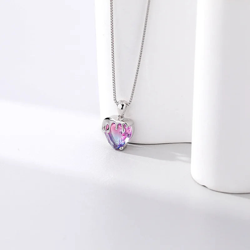 925 Silver Love Necklace Pink Purple Tourmaline Heart Crystal Charm