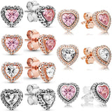 925 Silver Rose Sparkling Elevated Heart Earring With Pink Crystal