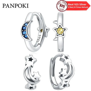 925 Silver Stars & Moons Hoop Earrings with Zircon for Women