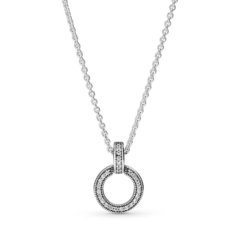 925 Silver Double Circle Pendant Necklace Women Bead Charm Gift DIY