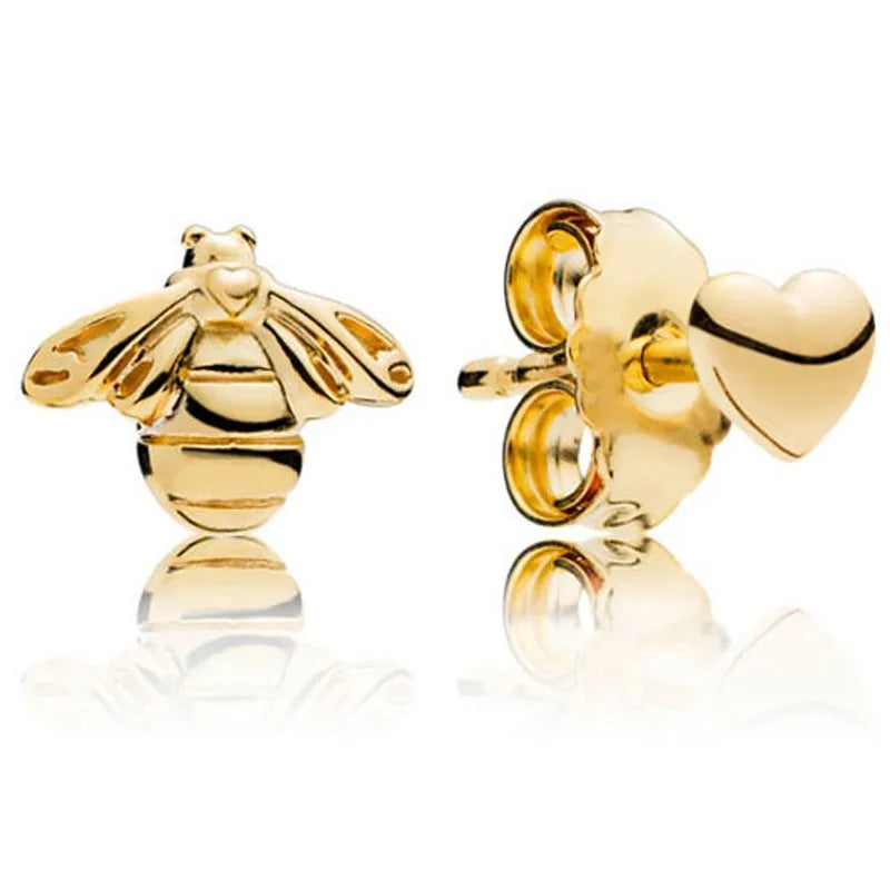 925 Silver Golden Bee & Heart Stud Earrings Wedding Gift
