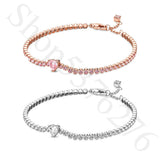 925 Silver Sparkling Heart Tennis Bracelet Women Bead Charm DIY Jewelry