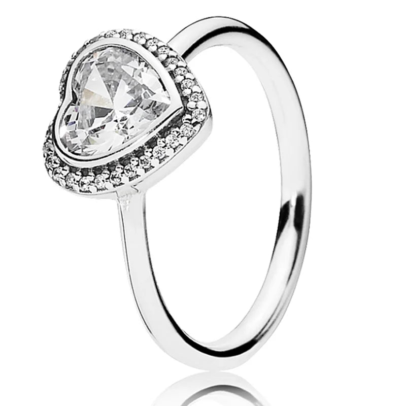 925 Silver Sparkling Love Heart Glamour Green Pink Red Crystal Ring