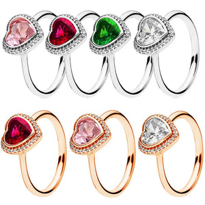 925 Silver Sparkling Love Heart Glamour Green Pink Red Crystal Ring