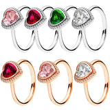 925 Silver Sparkling Love Heart Glamour Green Pink Red Crystal Ring