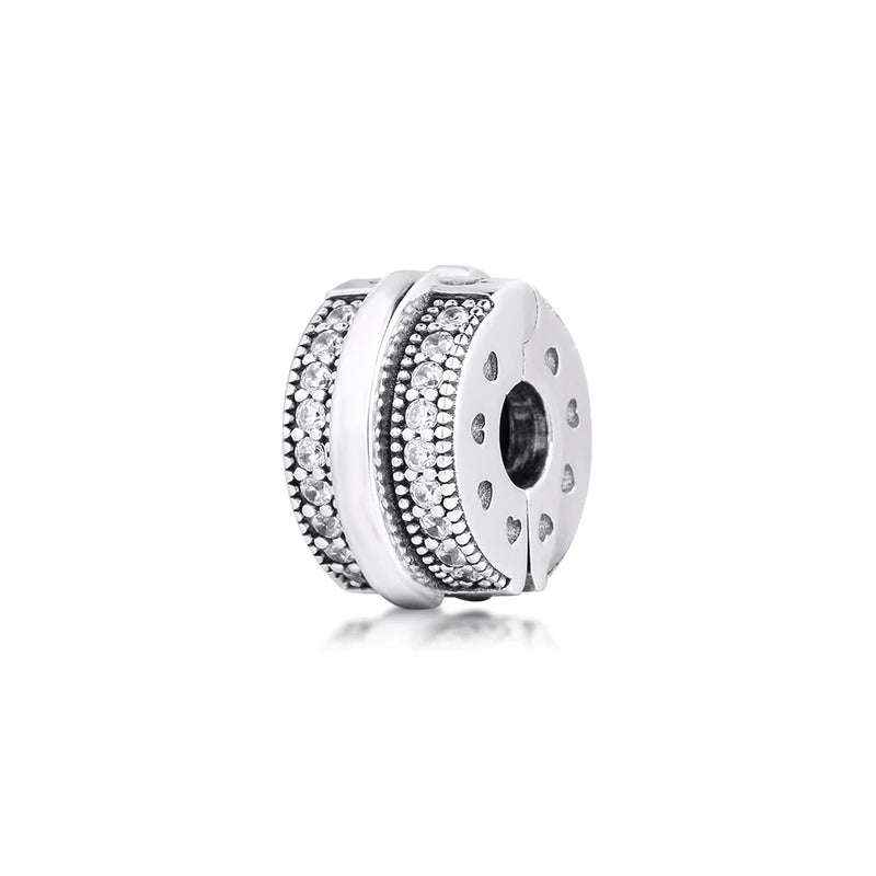 925 Silver Pave Lines Clip Charm for Europe Bracelet Beads