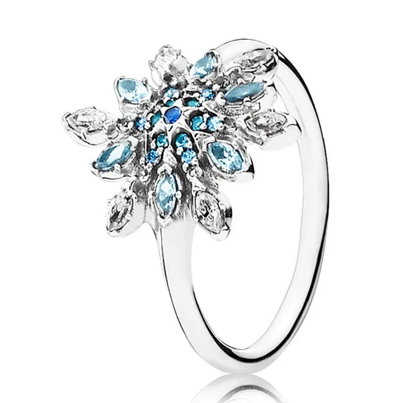 925 Silver Snowflake & Clear Crystal Ring for Women Wedding Party Jewelry