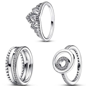 925 Silver Tiara Crown I-D Crystal Ring Women Wedding Party Jewelry