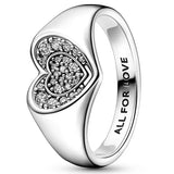 925 Silver Sparkling Wave Asymmetric Radiant Heart Signet Ring With Crystal