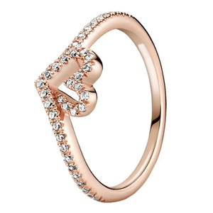 925 Silver Wishbone Heart Crystal Ring Women Wedding Party Europe Jewelry