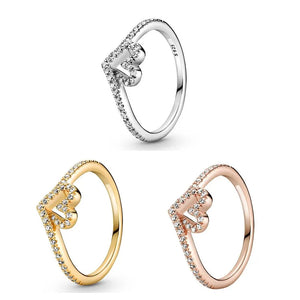 925 Silver Wishbone Heart Crystal Ring Women Wedding Party Europe Jewelry