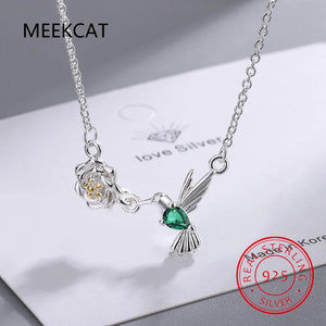 925 Silver Spring Bird & Tree Dangle Pendant Necklace for Women