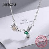 925 Silver Spring Bird & Tree Dangle Pendant Necklace for Women