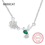 925 Silver Spring Bird & Tree Dangle Pendant Necklace for Women