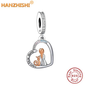 925 Silver Girl & Pet Heart Dangle Charms Beads for Bracelet Necklace