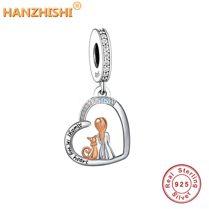 925 Silver Girl & Pet Heart Dangle Charms Beads for Bracelet Necklace