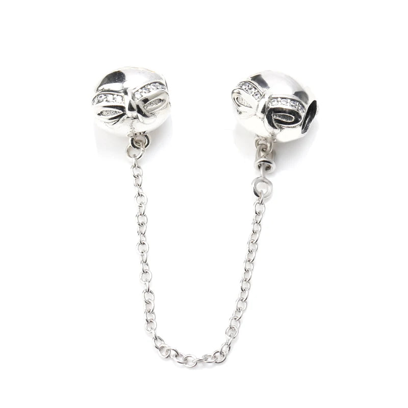 925 Silver Bead Charm Bow Safety Chain for Bracelet Bangle
