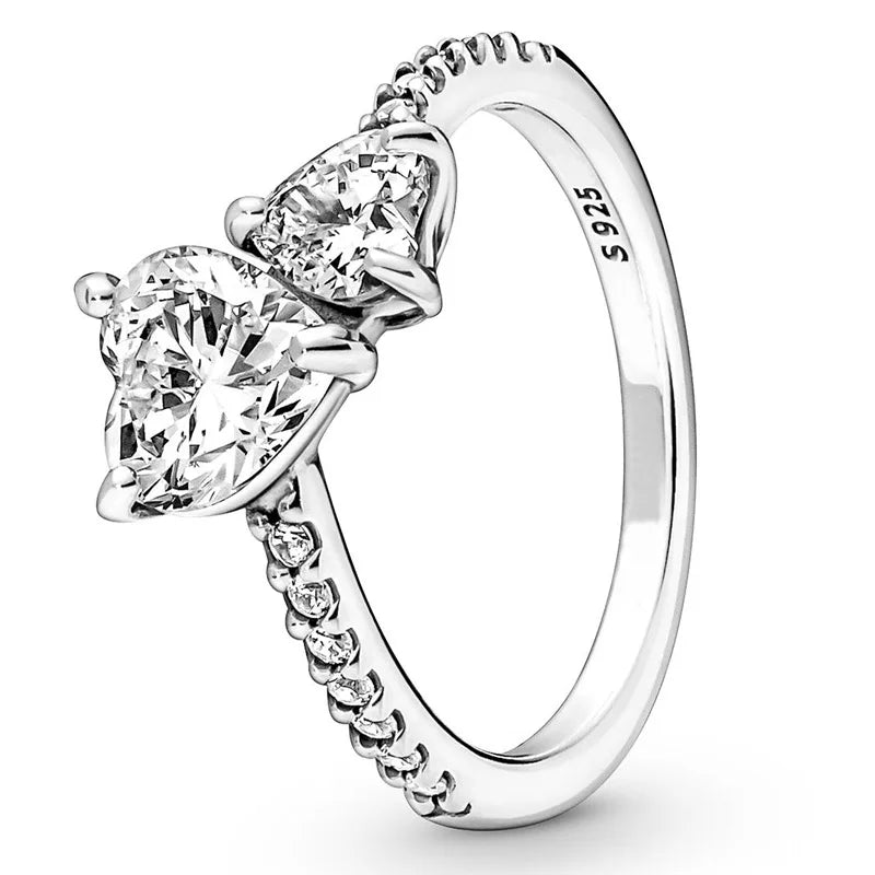 925 Silver Double Heart Crystal Ring Women Wedding Party Jewelry