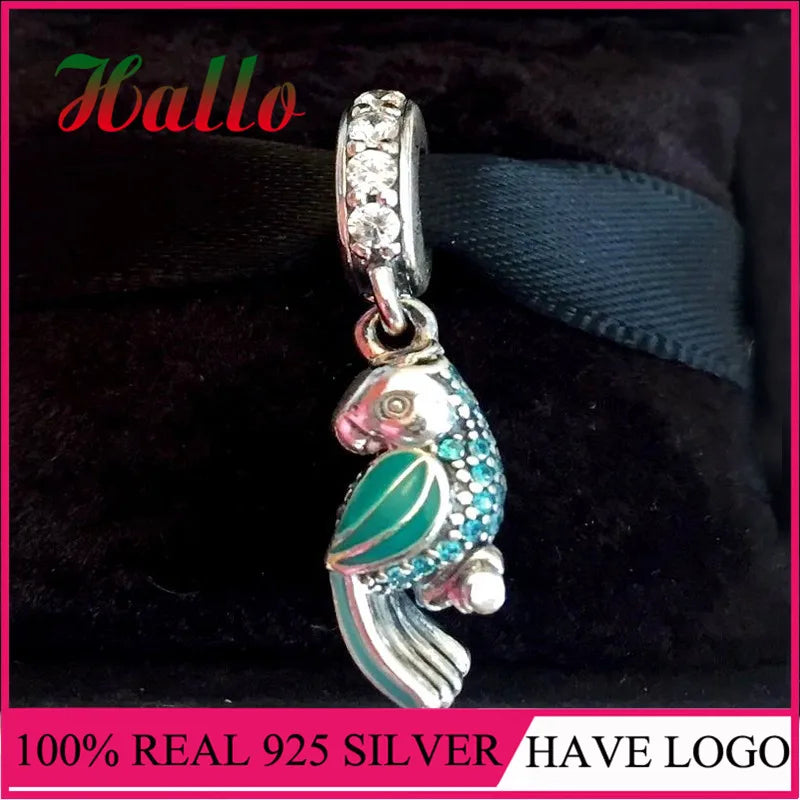 925 Silver Parrot Enamel Teal Charms Beads Fit Bracelet DIY Berloque