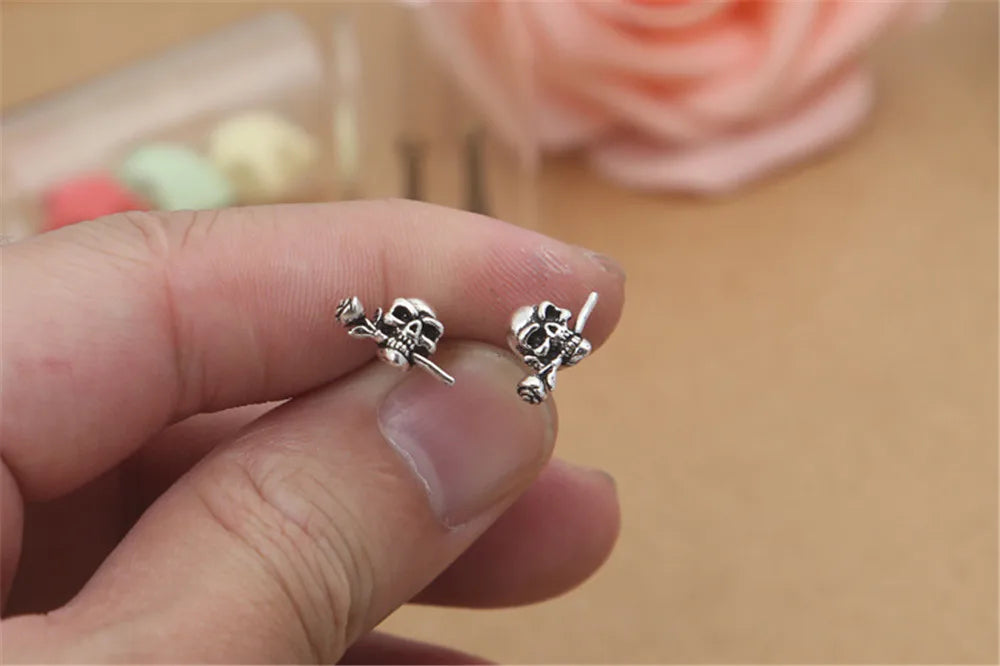 925 Silver Vintage Punk Skull Rose Stud Earrings