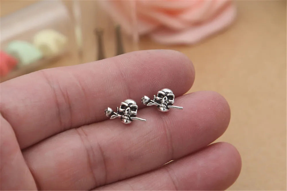 925 Silver Vintage Punk Skull Rose Stud Earrings