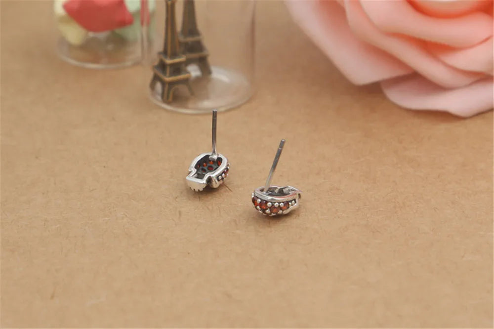 925 Silver Skull Red CZ Stud Earrings Vintage Punk Style