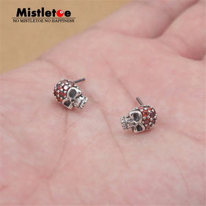 925 Silver Skull Red CZ Stud Earrings Vintage Punk Style